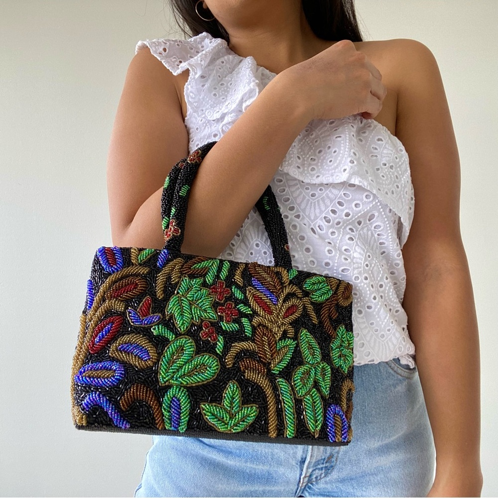 Vintage Black Beaded Floral Tote with Green, Blue and Gold Accents